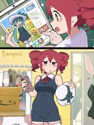  3girls :d absurdres akita_neru amazon_(company) aqua_eyes aqua_hair artist_name black_dress blonde_hair bongftah breasts cellphone commentary dress drill_hair hat hatsune_miku highres holding holding_phone holding_unworn_clothes holding_unworn_hat kasane_teto medium_breasts multiple_girls open_mouth phone red_hair short_hair smile sparkling_eyes standing symbol-only_commentary thigh-highs twin_drills twintails unworn_hat unworn_headwear utau vocaloid white_hat white_thighhighs 