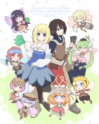  5boys 5girls ;d ^_^ anniversary black_hair blonde_hair blue_dress blue_eyes blue_hair blue_wings blush_stickers brown_eyes brown_hair bucket character_request check_gender chibi closed_eyes copyright_name copyright_request dress echigousagi english_text fairy fairy_wings food gender_request green_eyes green_hair highres hoe holding holding_food holding_vegetable mist_(rune_factory) multiple_boys multiple_girls one_eye_closed orange_hair orange_wings pink_hair pink_wings pointy_ears purple_wings radish raguna red_hair rune_factory smile spring_onion turnip twintails vegetable violet_eyes wings wooden_bucket yellow_wings 