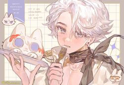  1boy cat chibi chibi_inset coat earrings eating epaulettes foodification fork gold_necklace grey_background grid_background happy_birthday highres holding holding_fork holding_plate jewelry looking_at_viewer male_focus necklace nice_(to_be_hero_x) open_clothes open_coat open_shirt outside_border parted_lips plate scarf silly_marron solo sparkle strawberry_jam stud_earrings to_be_hero to_be_hero_x white_coat x_(to_be_hero_x) 