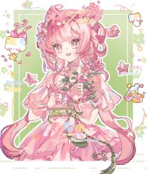  artist_request baby_animal bird blunt_bangs border bottle brown_eyes cat cherry_blossoms chick chinese_commentary choker collarbone commentary_request commission cone_hair_bun double_bun dress earrings eyelashes flower flower_dress green_sash hair_bun hair_flower hair_ornament hair_rings highres holding holding_flower jewelry light_particles long_hair low_twintails neck_flower nikki_(nikki) nikki_(series) open_mouth outline outside_border peachy_dream_(shining_nikki) pink_choker pink_dress pink_flower pink_hair pink_wrist_cuffs pom_pom_(clothes) pom_pom_hair_ornament sample_watermark sash second-party_source shining_nikki short_sleeves single_stripe smile striped_choker tassel tassel_earrings tassel_hair_ornament teeth too_many_watermarks twintails upper_teeth_only very_long_hair waist_sash watermark wavy_hair white_border white_outline wrist_cuffs 