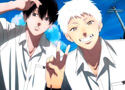  absurdres anime_coloring belt black_hair black_pants collared_shirt hair_between_eyes highres hikaru_ga_shinda_natsu indou_hikaru looking_at_viewer magazine_scan male_focus mole mole_under_eye mole_under_mouth multiple_moles newtype non-web_source official_art open_mouth pants scan school_uniform shirt short_hair short_sleeves simple_background smile takahashi_yuuichi teeth tsujinaka_yoshiki white_shirt 