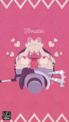  colored_skin fangs full_body hammer heart highres looking_at_viewer meme_(sleepsheep) multicolored_skin open_mouth pink_hair pink_skin pokemon pokemon_(creature) pokemon_focus pokemon_sv skin_fangs smile tinkaton two-tone_skin violet_eyes weapon 