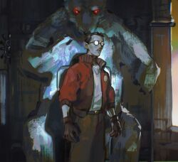  1boy bear black-framed_eyewear black_hair brown_gloves brown_pants cowboy_shot disco_elysium facial_hair glasses gloves glowing glowing_eyes highres jacket kim_kitsuragi male_focus mimulishizi mustache_stubble pants parted_lips red_eyes red_jacket round_eyewear shirt short_hair solo standing stubble white_shirt 