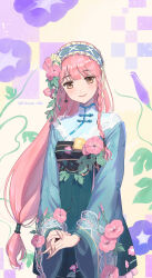  1girl absurdres aqua_dress artist_name blue_hairband blue_sky blunt_bangs brown_eyes bud checkered_background chinese_clothes closed_mouth commentary_request cowboy_shot cross-laced_hairband dress earrings floral_print flower flower_request frilled_dress frilled_hairband frills hair_flower hair_ornament hair_tubes hairband happy highres jewelry kohanai_setsuna lace-trimmed_dress lace-trimmed_sleeves lace_trim light_blush light_particles lips long_hair long_sleeves low-tied_long_hair nikki_(nikki) nikki_(series) off-shoulder_dress off_shoulder own_hands_together pink_flower pink_hair pink_lips pleated_dress print_dress purple_flower shining_nikki shirt short_dress single_hair_tube sky smile solo turtleneck turtleneck_shirt two-tone_dress verdant_morning_(shining_nikki) very_long_hair wide_sleeves yellow_background 