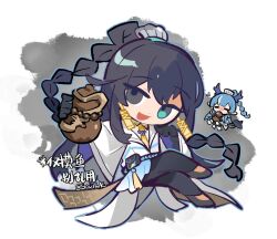  1boy 1girl aqua_eyes arknights black_eyes black_gloves black_hair black_pants black_shoes chibi earrings gloves gourd half_updo heterochromia holding holding_gourd hong_lu_(project_moon) jewelry limbus_company ling_(arknights) long_hair looking_at_viewer open_mouth pants project_moon shoes smile south_ac to_remain_oneself_(e.g.o) very_long_hair white_background whtie_coat 