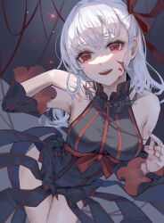  1girl absurdres brooch cropped_legs dark_sakura detached_sleeves fate/stay_night fate_(series) grey_background heaven&#039;s_feel highres jewelry long_hair looking_at_viewer matou_sakura nononae sleeveless solo thread 