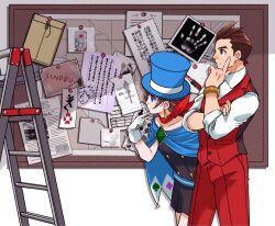  1boy 1girl ace_attorney apollo_justice apollo_justice:_ace_attorney black_dress blue_eyes blue_hat bracelet brown_hair bulletin_board dress earrings forked_eyebrows gem gloves gold_bracelet green_gemstone handprint hat jewelry ladder pants paper phoenix_wright ragi_(od6fine) red_pants red_scarf red_vest scarf short_hair stepladder strapless strapless_dress top_hat trucy_wright vest white_gloves 