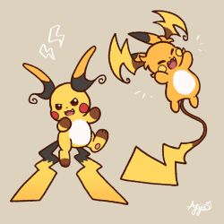 commentary_request fangs full_body grey_background happy hime_ringo mega_pokemon mega_raichu_x mega_raichu_y no_humans open_mouth pokemon pokemon_(creature) pokemon_legends:_z-a raichu red_eyes simple_background