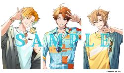  3boys ahoge aqua-tinted_eyewear aqua_hair black_choker blue_eyes blue_jacket blue_shirt bracelet breast_pocket brown-tinted_eyewear brown_eyes brown_hair buttons choker collarbone collared_jacket collared_shirt commentary_request company_name copyright_notice denim denim_jacket earrings eyeliner eyewear_hang fushimi_gaku gradient-tinted_eyewear gradient_hair grey_jacket grin hand_up hinatsu jacket jewelry kirin-chan_(usami_rito) kitami_yusei long_hair long_sleeves looking_at_viewer low_ponytail makeup male_focus mole mole_under_eye multicolored_eyes multicolored_hair multicolored_shirt multiple_boys necklace nijisanji off_shoulder official_art ok_sign on_shoulder one_eye_closed open_clothes open_jacket orange-tinted_eyewear orange_eyes orange_hair parted_bangs parted_hair pink_eyes pocket ponytail purple-tinted_eyewear red_eyeliner ring round_eyewear sample_watermark shirt short_hair short_sleeves simple_background sleeveless sleeveless_shirt smile sunglasses t-shirt teeth three-quarter_sleeves tinted_eyewear two-tone_eyes unworn_eyewear upper_body usami_rito virtual_youtuber w watermark white_background white_shirt yellow_shirt 
