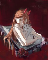  1girl absurdres animal brown_eyes brown_hair cat chainsaw_man cross-shaped_pupils demon_girl demon_horns hair_between_eyes highres holding holding_animal holding_cat horns jsebaxx long_hair long_hair_between_eyes looking_at_viewer meowy_(chainsaw_man) power_(chainsaw_man) red_background red_horns sports_bra symbol-shaped_pupils white_sports_bra 