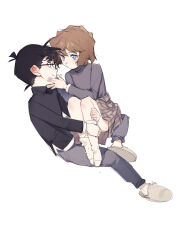  1boy 1girl black_pants black_sweater brown_hair brown_skirt closed_mouth edogawa_conan full_body gebijiade_89 glasses grey_eyes greyscale haibara_ai highres long_sleeves looking_at_another medium_hair meitantei_conan monochrome pants plaid_clothes plaid_skirt simple_background sitting skirt slippers smile socks sweater white_background white_slippers white_socks 