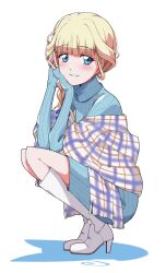 1girl blonde_hair blue_dress blue_eyes blue_nails blue_ribbon blush boots braid braided_ponytail casual commentary dress elbows_on_knees fringe_trim full_body hair_over_shoulder hair_ribbon hand_in_own_hair hand_on_own_face high_heels highres kayabakoro knee_boots long_hair long_sleeves looking_at_viewer medium_dress nekoyashiki_yuki precure ribbed_dress ribbon shadow shawl simple_background single_braid sleeves_past_wrists smile solo squatting sweater sweater_dress turtleneck turtleneck_dress white_background white_boots wonderful_precure!