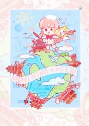 1girl :3 absurdres ahoge animal ankle_socks architecture argyle_clothes argyle_dress artist_request banner beijing beret bloom_poetry_(shining_nikki) blue_sky blunt_bangs blush_stickers bow bowl bowtie brown_eyes castle cat chibi chinese_commentary chopsticks cloak closed_mouth clothed_animal clouds commentary_request commission cross-laced_clothes cross-laced_dress day dotted_line dress ear_covers earth_(planet) east_asian_architecture flower food food_request great_wall_of_china happy hat highres holding holding_bowl holding_food holding_hands hood hood_up hooded_cloak long_hair long_sidelocks long_sleeves mini_hat momo_(nikki) nikki_(nikki) nikki_(series) open_mouth outdoors paper_airplane pinafore_dress pink_dress pink_flower pink_hair planet pleated_dress red_bow red_bowtie red_ribbon ribbon ribbon_legwear sample_watermark second-party_source shining_nikki shirt shoes short_dress sidelocks sky sleeveless sleeveless_dress smile socks solid_circle_eyes solid_oval_eyes sparkle sun_symbol too_many_watermarks watermark wavy_hair white_cat white_hat white_shirt white_shoes white_socks yellow_cloak zoom_layer 
