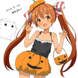  1girl absurdres bigkwl black_camisole blush brown_eyes brown_hair camisole dark-skinned_female dark_skin dated fang hair_ribbon halloween halloween_costume highres jack-o&#039;-lantern kantai_collection libeccio_(halloween)_(kancolle) libeccio_(kancolle) long_hair looking_at_viewer open_mouth orange_skirt pumpkin_costume pumpkin_hat pumpkin_skirt ribbon skirt smile solo twintails twitter_username 
