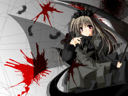  1girl 2000s_(style) anime_coloring apron archived_source back_bow bad_link black_bow black_dress black_feathers black_headdress black_sleeve_cuffs black_sleeves blood blood_on_clothes blood_on_face blood_on_hands blood_on_weapon blood_splatter blush bow breasts brown_hair closed_mouth cowboy_shot dot_nose dress drop_shadow facing_viewer feathers frilled_apron frills grey_apron holding holding_scythe large_bow long_hair long_sleeves maid maid_apron maid_headdress medium_breasts original red_eyes retro_artstyle scythe shinkichi_(usadama) simple_background sleeve_cuffs smile solo split_mouth straight_hair turtleneck turtleneck_dress weapon 