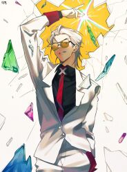  1boy abstract_background arm_behind_back arm_up black_eyes black_shirt broken_glass coat collared_shirt crack cracked_wall dangmyeon13510 glass grin hair_slicked_back looking_at_viewer male_focus mullet open_mouth shirt smile smirk snapping_fingers solo tinted_eyewear to_be_hero to_be_hero_x white_coat white_hair x_(symbol) x_(to_be_hero_x) yellow-tinted_eyewear 