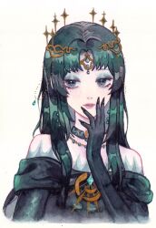  1girl aqua_eyes aqua_eyeshadow bare_shoulders beads black_cape black_choker black_dress black_gloves black_nails cape choker circlet cropped_torso dress elbow_gloves expressionless eyeshadow fingernails gloves gold_circlet gold_necklace green_hair hair_beads hair_ornament hand_on_own_chin highres infinity_nikki jewelry lace-trimmed_dress lace_trim light_blush lipstick long_hair long_sidelocks looking_ahead makeup mole mole_under_eye nail_polish necklace nikki_(series) off-shoulder_dress off_shoulder parted_lips pink_lips sharp_fingernails short_sleeves sidelocks simple_background slit_pupils solo tide_of_tears_(infinity_nikki) traditional_media very_long_hair violatte73 wavy_hair white_background 