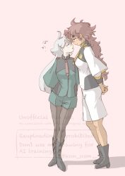  2girls absurdres asticassia_school_uniform black_boots black_pantyhose boots commentary_request eye_contact green_eyes green_jacket green_shorts grey_eyes gundam gundam_suisei_no_majo highres jacket kon_osm long_hair looking_at_another miorine_rembran multiple_girls pantyhose pantyhose_under_shorts pink_background red_hair school_uniform shorts simple_background suletta_mercury thick_eyebrows watermark white_hair white_jacket white_shorts yuri 