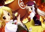  11_eyes absurdres beret blonde_hair blush brown_eyes cooking feathers food fujiwara_warawara green_eyes haruka_ni_aogi_uruwashi_no hat highres kazamatsuri_miyabi lilia_iliinichna_mejoueva long_hair maid multiple_girls open_mouth short_hair silver_hair sweet_potato white_hair yakiimo 