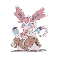  animal_focus blue_eyes blue_sclera blush bow brown_fur closed_eyes closed_mouth colored_sclera eevee foznya full_body highres holding holding_pokemon no_humans pink_fur pokemon pokemon_(creature) pokemon_focus ribbon simple_background sylveon tail two-tone_fur white_background white_fur 