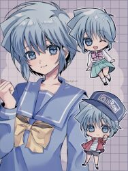  1girl baseball_cap black_shoes black_shorts blue_eyes blue_hair blue_sailor_collar blue_shirt bow chibi closed_mouth commentary green_skirt grid_background hand_up hat jacket kirameki_high_school_uniform looking_at_viewer multiple_views nijino_saki one_eye_closed open_clothes open_jacket open_mouth pink_bow pleated_skirt red_jacket sailor_collar school_uniform serafuku shirt shoes short_hair shorts skirt smile socks striped_clothes striped_shirt tokimeki_memorial tokimeki_memorial_1 twitter_username white_shirt white_socks yellow_bow yuzuchi_(yuchiyduchi) 