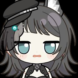  ... 1girl animal_ears animated animated_gif arknights bang_dream! bang_dream!_it&#039;s_mygo!!!!! black_dress black_hair black_hat blue_eyes blush_stickers chibi chibi_only chunye_haruya diagonal_bangs dot_nose dress hat jitome kemonomimi_mode looking_to_the_side looping_animation lowres medium_hair mini_hat open_mouth simple_background solo transparent_background upper_body wolf_ears wolf_girl yahata_umiri yahata_umiri_(moonlight_executioner) 
