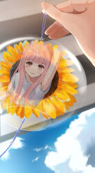  1girl absurdres armpits bare_arms blue_sky blunt_bangs brown_eyes closed_mouth clouds day dot_nose eyelashes fingernails flower happy highres holding_wind_chime indoors kohanai_setsuna light_blush lipstick long_hair long_sidelocks makeup nikki_(nikki) nikki_(series) pink_hair red_lips reflection reflection_focus shining_nikki shirt short_sleeves sidelocks sky smile solo sunflower t-shirt twitter_username wavy_hair white_shirt wind_chime yellow_flower 