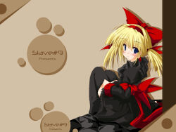  1girl 2000s_(style) adjusting_clothes adjusting_legwear anime_coloring apron archived_source back_bow bad_link black_apron black_dress black_sleeves black_thighhighs blonde_hair blue_eyes blush bow brown_background closed_mouth dot_nose dress drop_shadow english_text expressionless frilled_apron frills hair_between_eyes hair_bow hair_ribbon hairband juliet_sleeves large_bow large_ribbon long_hair long_sleeves looking_at_viewer low_twintails maid_apron no_shoes original petticoat puffy_sleeves red_bow red_hairband red_ribbon red_sleeve_cuffs ribbon shinkichi_(usadama) simple_background sitting sleeve_bow sleeve_cuffs solo thigh-highs tied_sleeves twintails waist_bow 