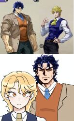  2boys absurdres bad_source birthmark black_hair blonde_hair blue_eyes dio_brando ear_birthmark formal_clothes guk50dyrhv98969 highres jojo_no_kimyou_na_bouken jonathan_joestar long_hair male_focus multiple_boys muscular necktie pale_skin phantom_blood size_difference suit surprised yellow_eyes 