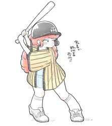  aged_down athletic_shoes baseball baseball_bat baseball_helmet baseball_jersey batting_stance curly_hair helmet holding holding_baseball_bat jersey long_hair maison_ikkoku metal_baseball_bat nyx666 plump red_hair roppongi_akemi shirt_under_shirt sketch socks sportswear spot_color squinting takahashi_rumiko_(style) translation_request 