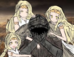  4boys age_comparison armband armor black_sky black_souls black_souls_2 blonde_hair braid brown_cape cape closed_mouth dot_nose dress elden_ring full_armor game_screenshot_background gauntlets hand_on_another&#039;s_head hand_on_own_face holding_another&#039;s_arm long_hair looking_at_another meme miquella_(elden_ring) multiple_boys open_mouth orange_pupils parody screenshot_background skk_kanchou sky sleeveless smile sushi_yuusha_toro_(style) tarnished_(elden_ring) trap twin_braids where_is_alice_(meme) white_dress yellow_eyes 