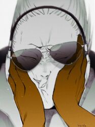  1boy artist_name boku_no_hero_academia closed_eyes eyes_visible_through_eyewear face_squeeze facial_hair hands_on_another&#039;s_face headphones highres kaido_(kaido_ggg) looking_at_viewer male_focus mustache parted_lips pov pov_hands present_mic short_hair straight-on sunglasses 