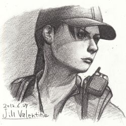  1girl 2012 dated graphite_(medium) greyscale hat highres jill_valentine looking_at_viewer miyabi_asou monochrome peaked_cap radio resident_evil resident_evil_5 sketch solo traditional_media walkie-talkie 