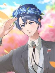  1boy aeon_(shining_nikki) black_ribbon blazer blue_eyes blue_flower blue_hair blue_sky blue_vest blurry blurry_background buttons cherry_blossoms closed_mouth clouds collared_jacket collared_shirt commentary_request day eyelashes falling_petals floral_print flower formal_clothes grey_jacket hand_on_own_head head_wreath highres jacket kohanai_setsuna lapel_pin lapels layered_sleeves light_particles long_sleeves male_focus neck_ribbon nikki_(series) notched_lapels outdoors petals pinstripe_jacket pinstripe_pattern print_vest ribbon shining_nikki shirt short_hair sky smile solo spring_(season) upper_body v-neck vest white_shirt 