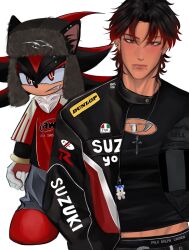2boys aransmind artist_name baggy_pants black_hair black_jacket black_shirt character_charm charm_(object) cleavage_cutout clothing_cutout colored_tips cross cross_necklace cyber_sigilism ear_piercing eyebrow_piercing face_piercing furry_and_humanization gradient_hair helmet highres holding holding_unworn_helmet humanization ibispaint_(medium) jacket jewelry leather leather_belt leather_jacket lip_piercing male_underwear male_underwear_peek motorcycle_helmet mouth_hold mullet multicolored_hair multiple_boys necklace oversized_clothes oversized_shirt pants piercing ralph_lauren red_eyes red_shirt shadow_the_hedgehog shirt simple_background sonic_(series) sonic_the_hedgehog stalk_in_mouth suzuki_(company) tan tight_clothes tight_shirt underwear unworn_headwear unworn_helmet ushanka white_background