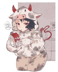  1girl 4qw5 alternate_costume animal_print black_hair blush breasts cow_horns cow_print cow_tail highres holding holding_milk_carton horns huge_breasts medium_hair milk_carton multicolored_hair pajamas red_eyes solo speech_bubble tail touhou two-tone_hair ushizaki_urumi white_hair 