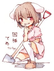  1girl animal_ears blush brown_hair brown_shoes clenched_teeth commentary_request dress finger_to_mouth floppy_ears frilled_dress frills grin highres inaba_tewi kibayashi_kimori looking_to_the_side pink_dress planted planted_shovel puffy_sleeves rabbit_ears red_eyes ribbon_trim shadow shoes short_hair shovel simple_background smile solo teeth thigh-highs touhou translation_request white_background white_thighhighs 