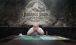  1boy amber_(gemstone) balding beard cane chair cup edouard_groult english_commentary english_text facial_hair gem glass glasses grey_hair highres john_hammond jurassic_park looking_to_the_side map map_(object) mustache office_chair own_hands_clasped own_hands_together reflection saucer shirt sleeves_rolled_up solo swivel_chair teacup white_shirt 