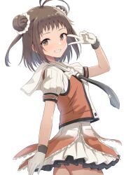  1girl absurdres antenna_hair black_necktie brown_eyes brown_hair double_bun gloves hair_bun highres kantai_collection looking_at_viewer miniskirt naka_(kancolle) naka_kai_ni_(kancolle) necktie pleated_skirt puffy_short_sleeves puffy_sleeves school_uniform serafuku short_hair short_sleeves skirt smile sukimizaki v white_gloves 