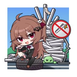  1girl ahoge asymmetrical_legwear black_cardigan black_socks black_thighhighs bow bowtie broken_heart broken_heart_hair_ornament brown_hair cardigan chibi chibi_only chinese_commentary dress_shirt english_commentary evil_neuro-sama fang from_side hair_between_eyes hair_ornament hair_ribbon heart highres holding holding_lead_pipe lead_pipe loafers long_hair long_sleeves looking_at_viewer mask mixed-language_commentary mouth_mask off-shoulder_cardigan open_mouth outdoors pleated_skirt red_bow red_bowtie red_eyes red_ribbon ribbon road shirt shoes single_sock single_thighhigh sitting skin_fang skirt skull_hair_ornament socks thigh-highs turtle two_side_up uneven_legwear vedal987 vedal_ai virtual_youtuber wheel white_shirt wide_shot xiaomacroz 