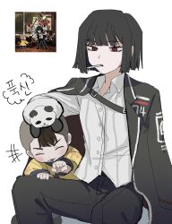  1boy 1girl black_coat black_hair bob_cut brown_hair child cigarette coat coat_on_shoulders collared_shirt highres limbus_company long_sleeves looking_at_another project_moon red_eyes riri5650b ryoshu_(project_moon) shirt short_hair simple_background sitting stuffed_animal stuffed_panda stuffed_toy upper_body white_background white_shirt yellow_shirt 