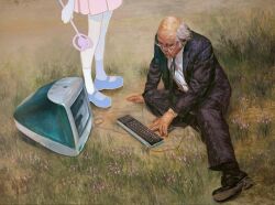  1boy 1girl apple_inc. balding black_jacket black_pants black_shoes black_suit business_suit computer computer_keyboard glasses grass green_necktie head_out_of_frame holding holding_wand imac imac_g3 jacket kei_ichikawa macintosh magical_girl male_focus necktie old old_man original outdoors painterly pants realistic shoes sitting solo_focus standing suit surreal wand 