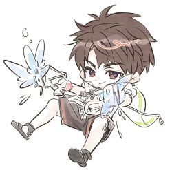  1boy black_male_swimwear black_sandals brown_eyes brown_hair caleb_(love_and_deepspace) chibi chibi_only closed_mouth dog_tags dual_wielding green_vest holding holding_water_gun inflatable_armbands love_and_deepspace male_focus male_swimwear open_clothes open_vest sandals short_hair smile solo ulin_1 vest water_gun white_background zipper_pull_tab 