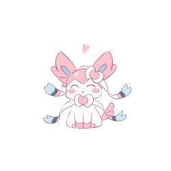  animal_focus blush bow closed_eyes closed_mouth facing_viewer foznya full_body heart highres no_humans pink_fur pokemon pokemon_(creature) pokemon_focus ribbon simple_background smile solo sylveon tail two-tone_fur white_background white_fur 
