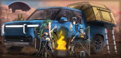  absurdres american_south_west bonfire cactus campfire camping camping_chair car chair cup desert electric_car electric_truck folding_chair highres holding holding_cup motor_vehicle nature qingyi_(zenless_zone_zero) rivian slice_of_life spiritdraws tent zenless_zone_zero zhu_yuan 