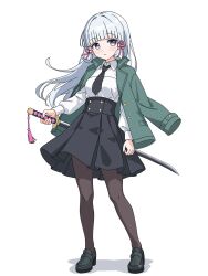  1girl ai-assisted black_necktie black_shoes black_skirt blue_pupils collared_shirt full_body genshin_impact green_jacket grey_eyes grey_hair high-waist_skirt highres jacket jacket_on_shoulders kamisato_ayaka katana long_hair necktie pantyhose prickly-chan_(ycactussprout) shirt shoes simple_background skirt solo standing sword weapon white_background white_shirt zenless_zone_zero 