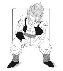  1boy abs dragon_ball dragon_ball_super dragon_ball_super_broly gogeta greyscale hand_on_own_face highres invisible_chair male_focus medium_hair metamoran_vest monochrome muscular muscular_male naouuma_art no_shirt sash simple_background sitting solo spiky_hair super_saiyan super_saiyan_blue white_background 
