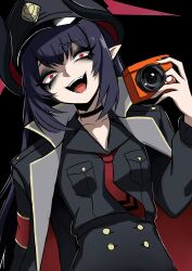  1girl black_hair black_horns blue_archive breasts camera chiaki_(blue_archive) curved_horns demon_horns digital_camera halo highres holding holding_camera horns long_hair looking_at_viewer nagainegi necktie pandemonium_society_(blue_archive) pointy_ears red_eyes red_halo shirt smile 