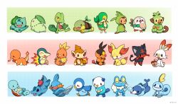  black_eyes blush border breath_weapon breathing_fire bulbasaur charmander chespin chikorita chimchar commentary_request cyndaquil fennekin fiery_tail fire flame-tipped_tail froakie grin grookey highres huiro litten mudkip nose_bubble one_eye_closed open_mouth oshawott piplup pokemon pokemon_(creature) popplio rowlet scorbunny sharp_teeth sitting smile snivy sobble solid_oval_eyes squirtle starter_pokemon_trio tail teeth tepig torchic totodile treecko turtwig white_border x_anus 