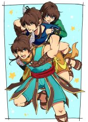  3boys ancestor_and_descendant aqua_eyes aqua_shirt aqua_shorts ashlay_(dq10) azir_(dq10) blue_background blue_capelet border brothers brown_gloves brown_hair capelet carrying carrying_person child dragon_quest dragon_quest_x fake_head_wings fingerless_gloves gloves green_jacket head_wings jacket jewelry leone_(dq10) long_hair male_focus mirror_twins multiple_boys muscular muscular_male nanamono_0414 necklace one_eye_closed open_mouth orange_scarf orange_tunic piggyback sandals scarf shirt shorts siblings single_head_wing star_(symbol) sweatdrop tunic twins white_border wings 